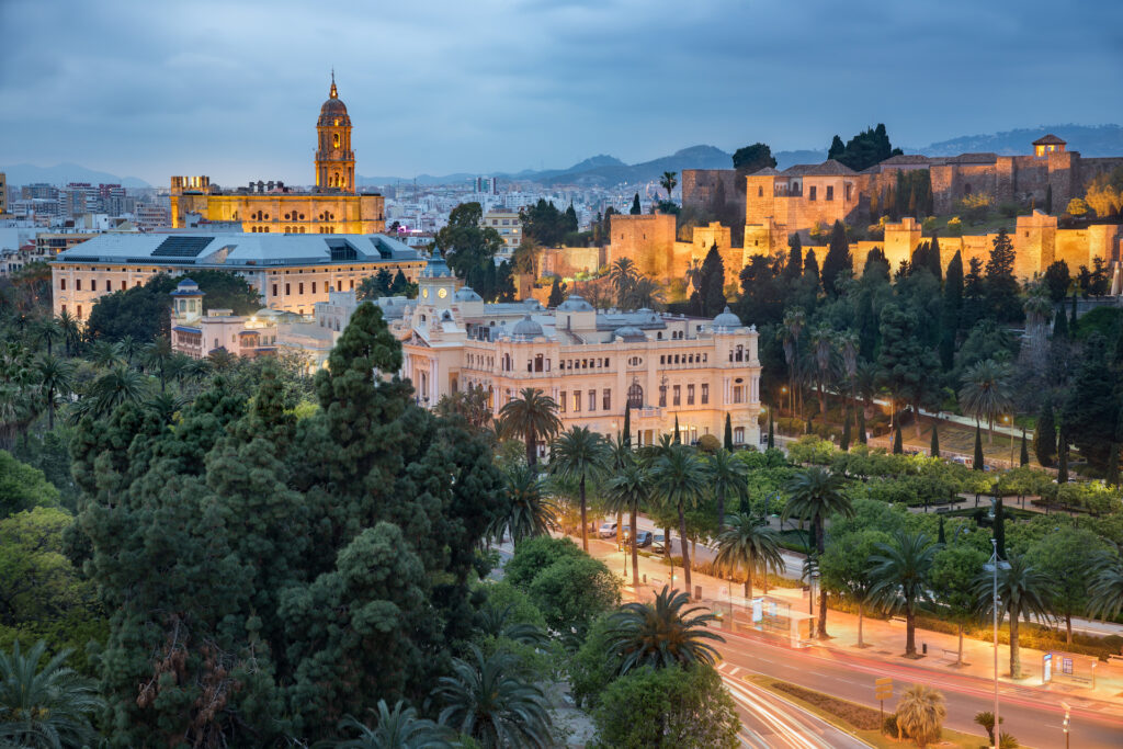 Malaga skyline taken at the blue hour, andalucia, spain
