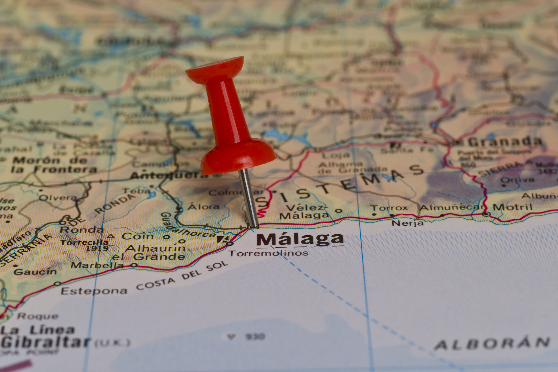 M√°laga marked with red pushpin on map